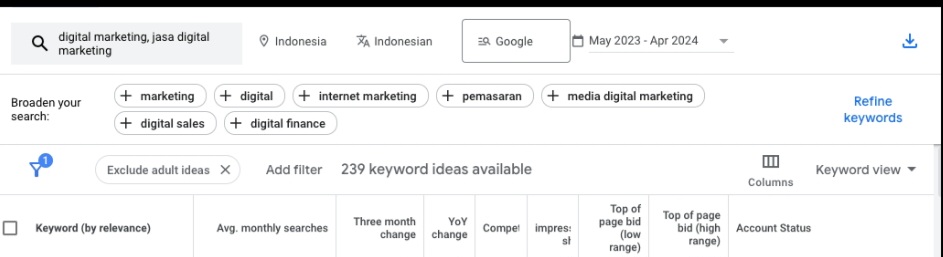 Fitur filter pada Google Keyword Planner