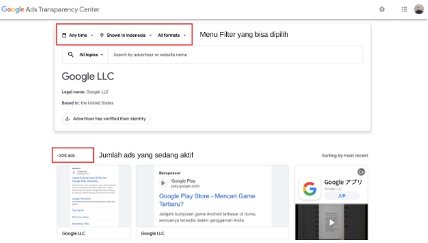 Menu Filter pada Google Ads